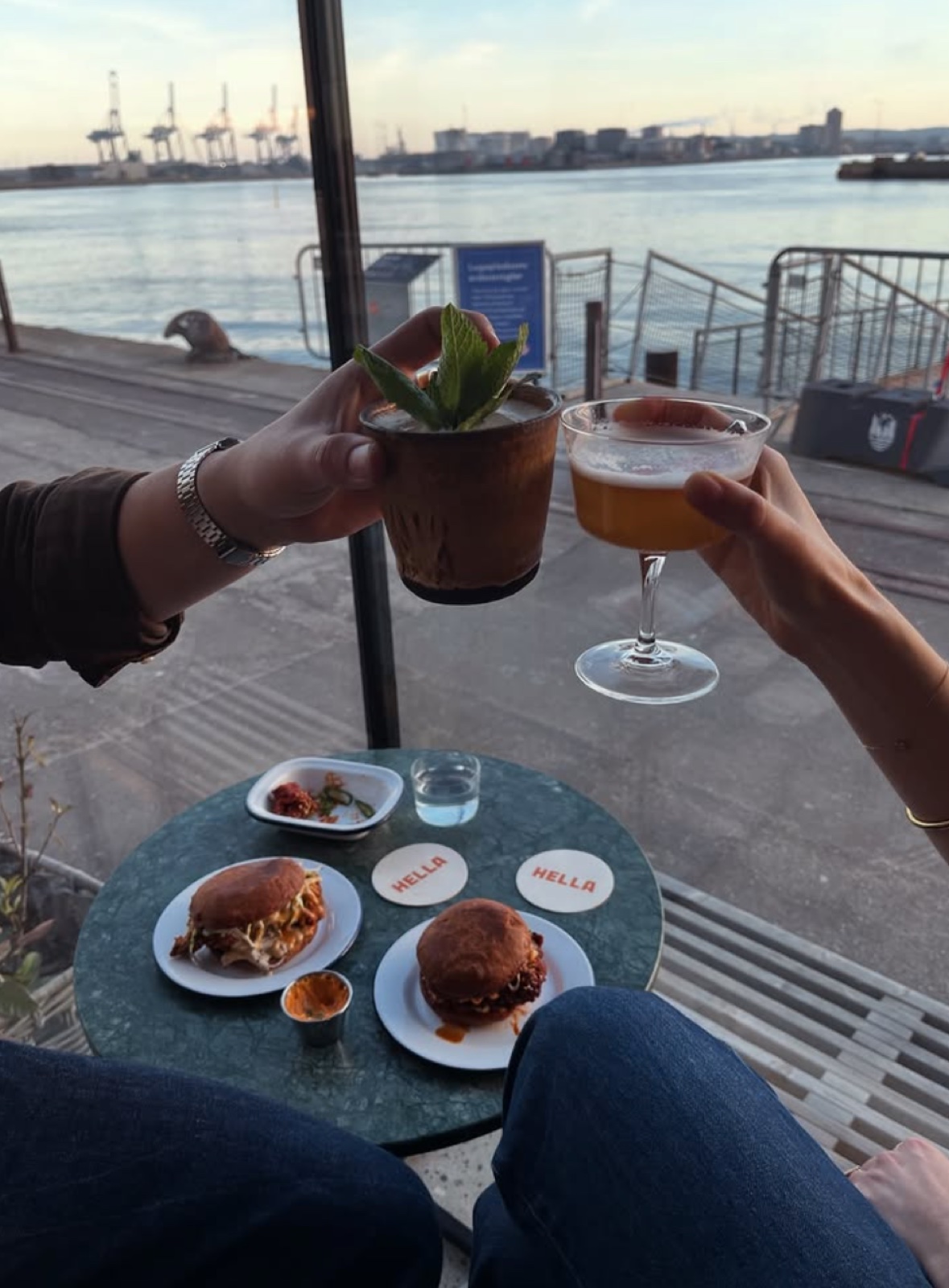 Cheers at Hella — drinks and food overlooking the Aarhus harbour